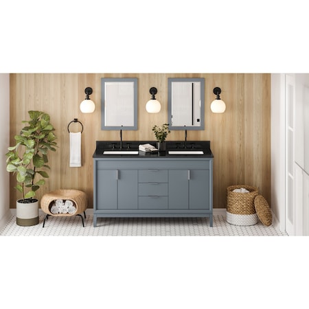 Jeffrey Alexander 60In. Blue Steel Theodora Vanity, Double Bowl, Black Granite Vanity Top, 2 Undrmnt Rctngl Bowls VKITTHE60BSBGR